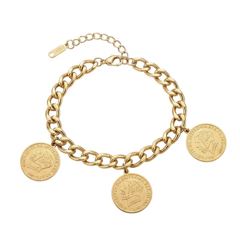 An elegant gold bracelet made of rust-resistant stainless steel, decorated with three classic coins, for a sophisticated and modern look, with an adjustable clasp to suit you. - Image 1